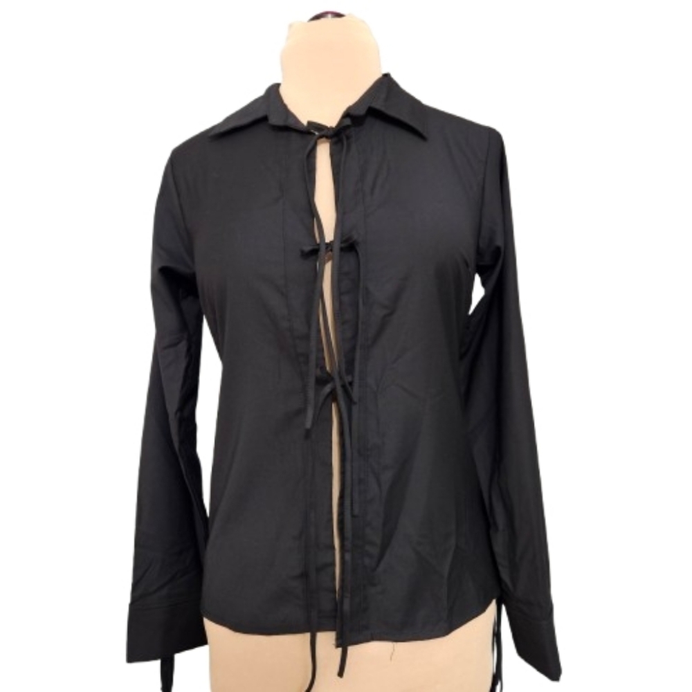 New Whiteroom + Cactus Black Tie Up Blouse Long Sleeve Minimalist Collared Small